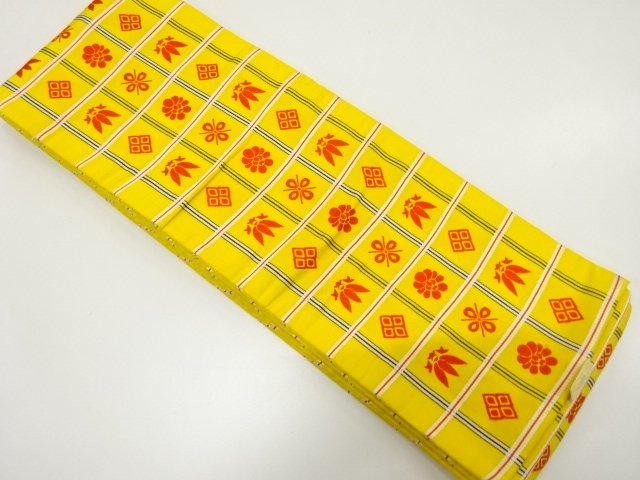 本場筑前博多　格子に桐・花模様織り出し　半幅帯